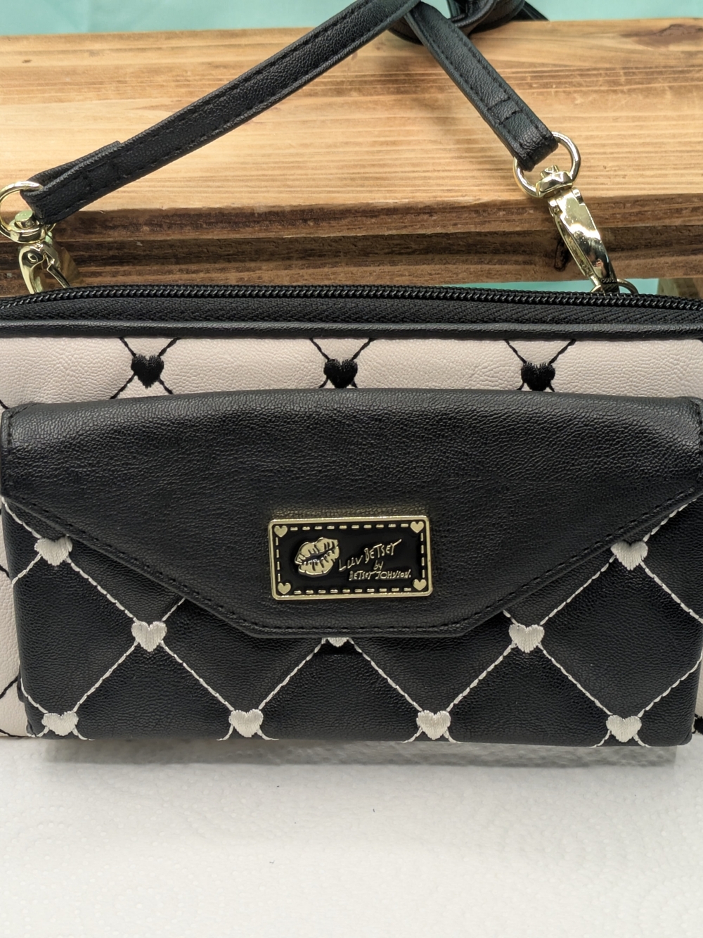 Betsey Johnson Black and Cream Quilted Heart Accent Crossbody Wallet